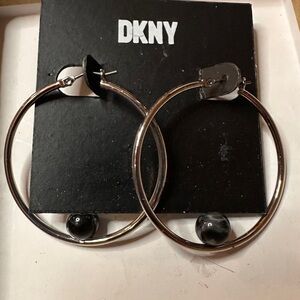 DKNY Shiny Silver Hoop Earrings with black bead